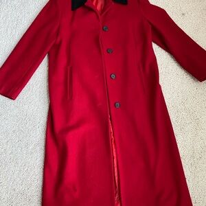 Women's Long Red Trench Coat with Contrasting Collar